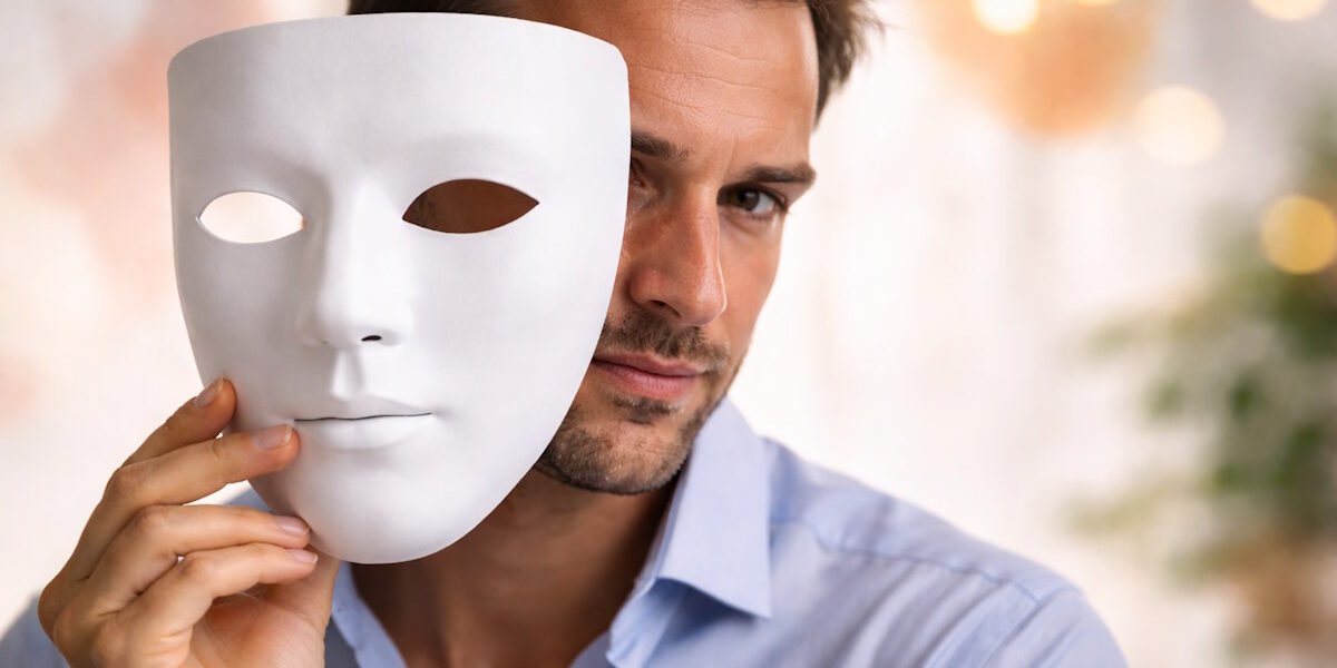 Ein Mann hält eine Maske vor sein Gesicht – ein Symbol für die emotionale Täuschung durch falsche Empathie bei narzisstischen Persönlichkeiten.