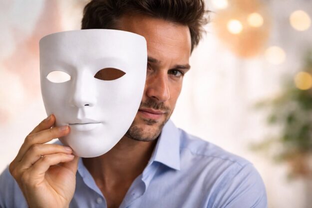Ein Mann hält eine Maske vor sein Gesicht – ein Symbol für die emotionale Täuschung durch falsche Empathie bei narzisstischen Persönlichkeiten.